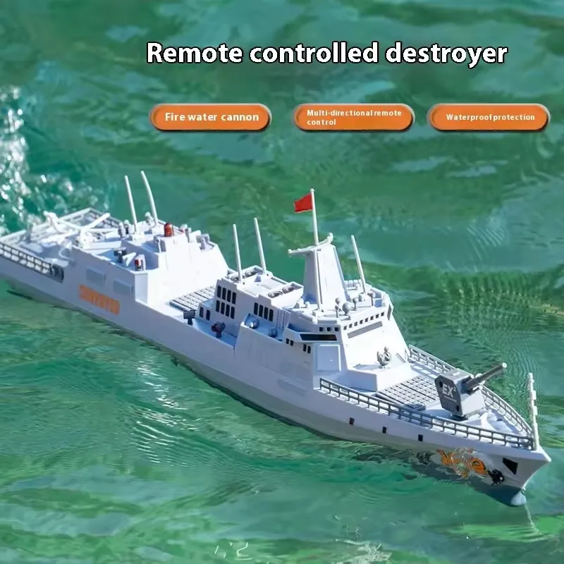 60CM Large Destroyer Model Dual Motor Electric Remote Control Boat Toy 2.4G Off Water Sensing Shooting Water Simulation RC Boat
