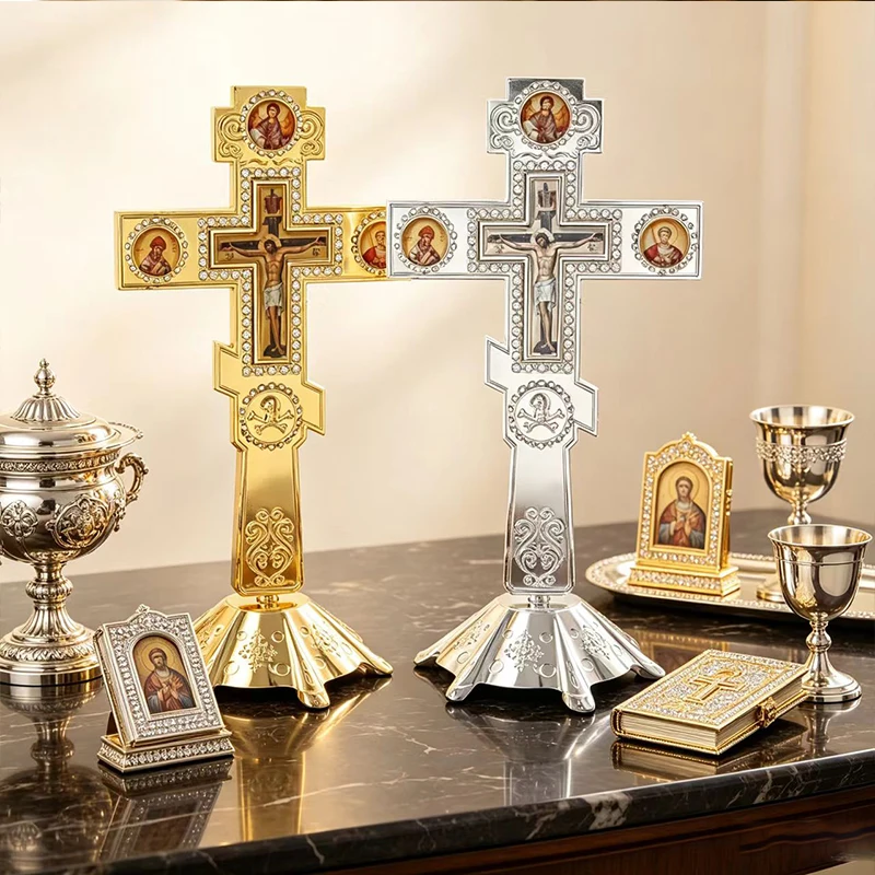 Exquisite Luxury Dual Color Metal Orthodox Standing Cross Candle Stand Rhinestone Trim Multi Holy Figure Relief Fine Craft Cathe