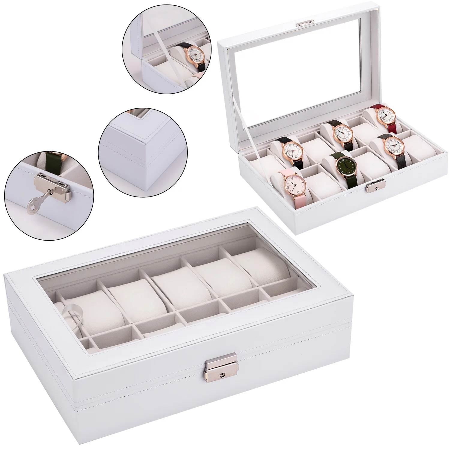 12 Slots Professional Watch Box Holder Storage Case Organizer White PU Leather Watch Display Box regalos para hombre 30x20x8cm