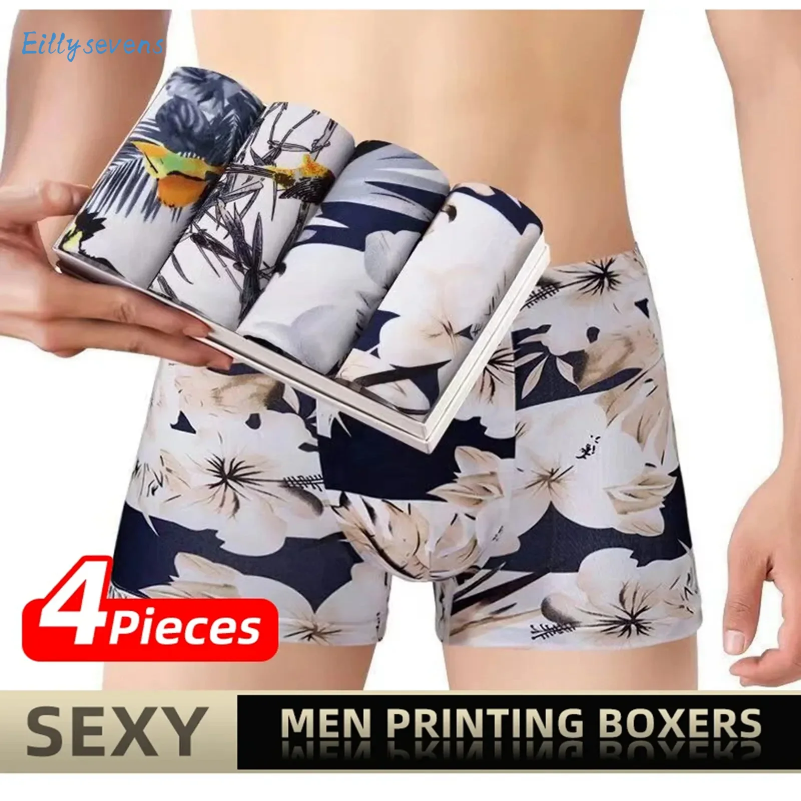 4pcs New Men'S Boxers Underpants Soft Breathable Birds And Flowers Print Boxers Casual Classic Large Size Skin-Friendly Panties