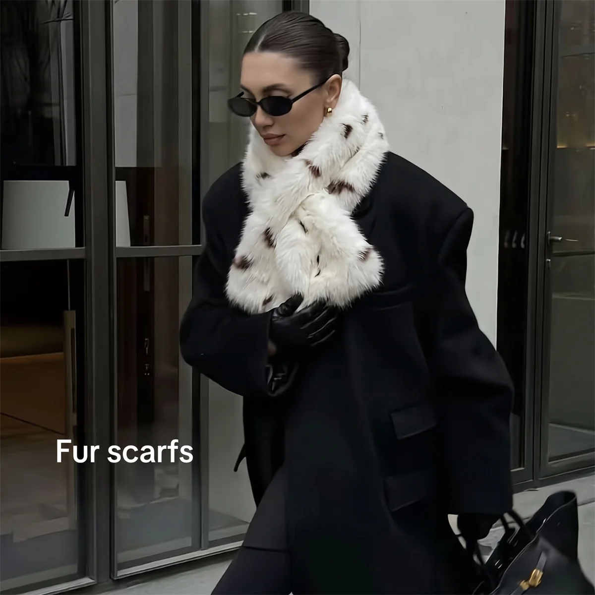 Warm Faux Fur Ladies Neck Scarf Trendy Irregular Black Spot Pattern Fluffy Furry Plush Big Neck Wrap For Daily Street Wear
