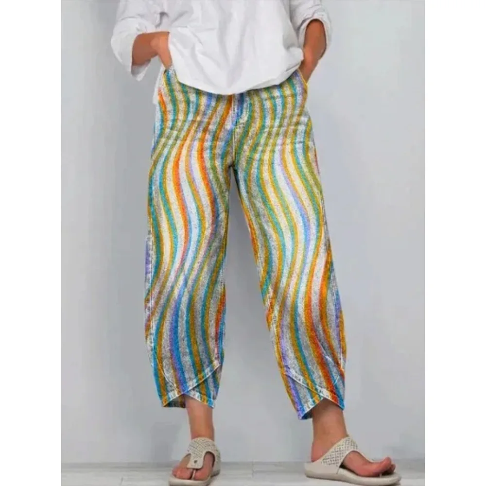 Kurze Harem-Capri-Hose mit abstraktem geometrischem Aufdruck für Damen, Baumwolle, lockere Passform, Tulpen-Wickelhose, knöchellange Freizeithose, XXS-4XL – Detail 11