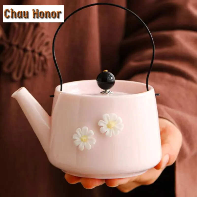 250ml Mutton Fat Jade Pink Porcelain Lifting Handle Teapot Zen Tea Infuser Pot Tea Soaking Kettle With Ball Hole Teaset Ornament