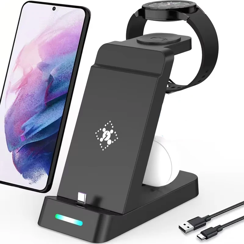 

Беспроводная зарядная станция 3-в-1 с быстрой зарядкой Type-C для iPhone 17-12, Samsung S22 S21, Samsung Watch 6 5 4, наушников
