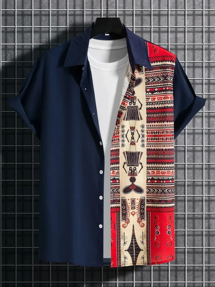 

Лето 202, мужская рубашка с короткими рукавами, черно-белые полоски и коллекционный узор, однобортная модная рубашка с принтом