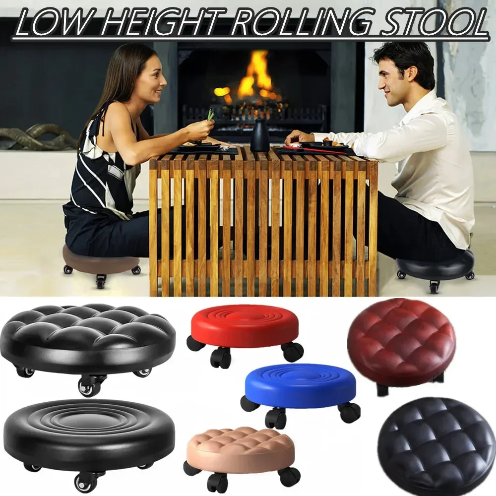 Pulley Low Stool, Soft Low Height Rolling Stool, Leather Stool Seat with Wheel