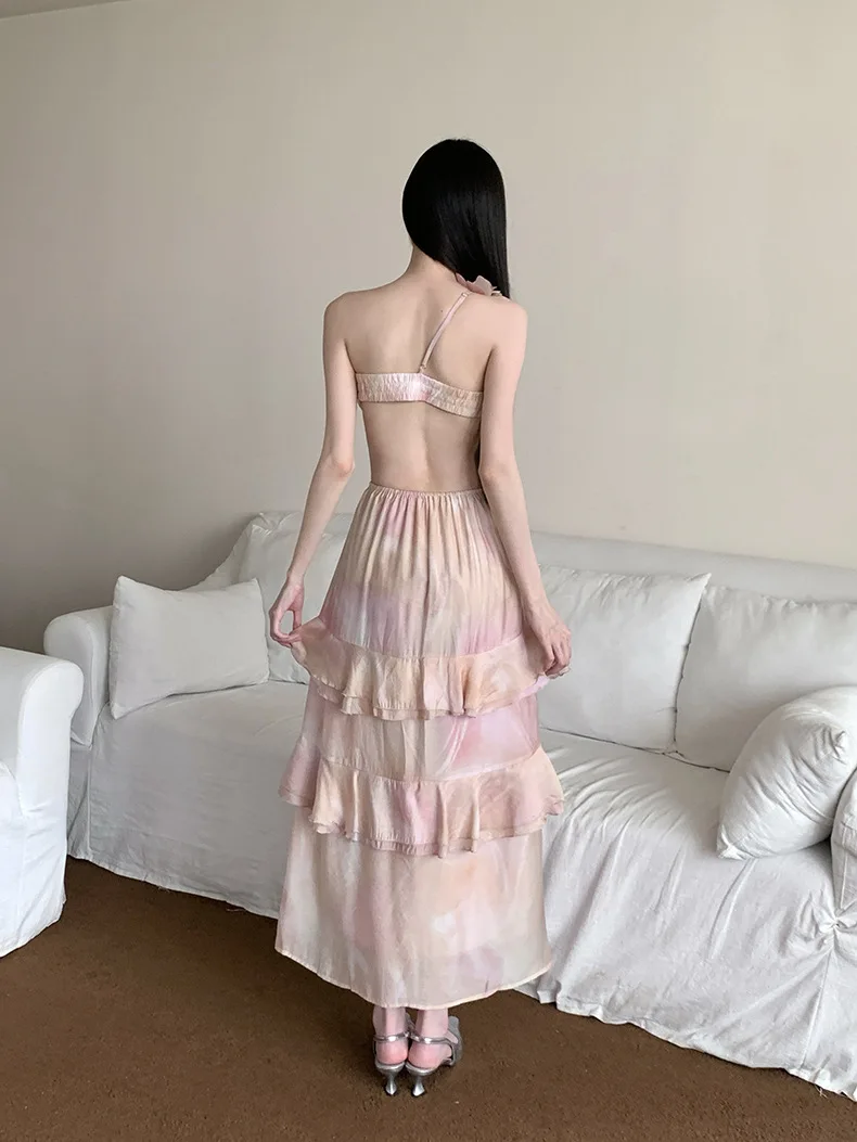 Vintage 3d floral tie-dye impressão sem costas rosa em camadas babados a linha vestido para mulher magro fada saia longa festa vestido de noite