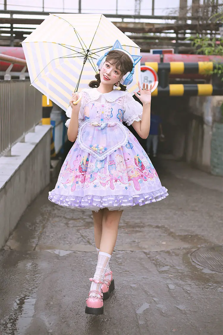 Robe à volants de style manoir Sweet Girl Cosplay, Lolita Jsk, tablier d'amour de bonbons mignons, imprimé ours Kawaii, nœud en dentelle, bouton étoile, pois