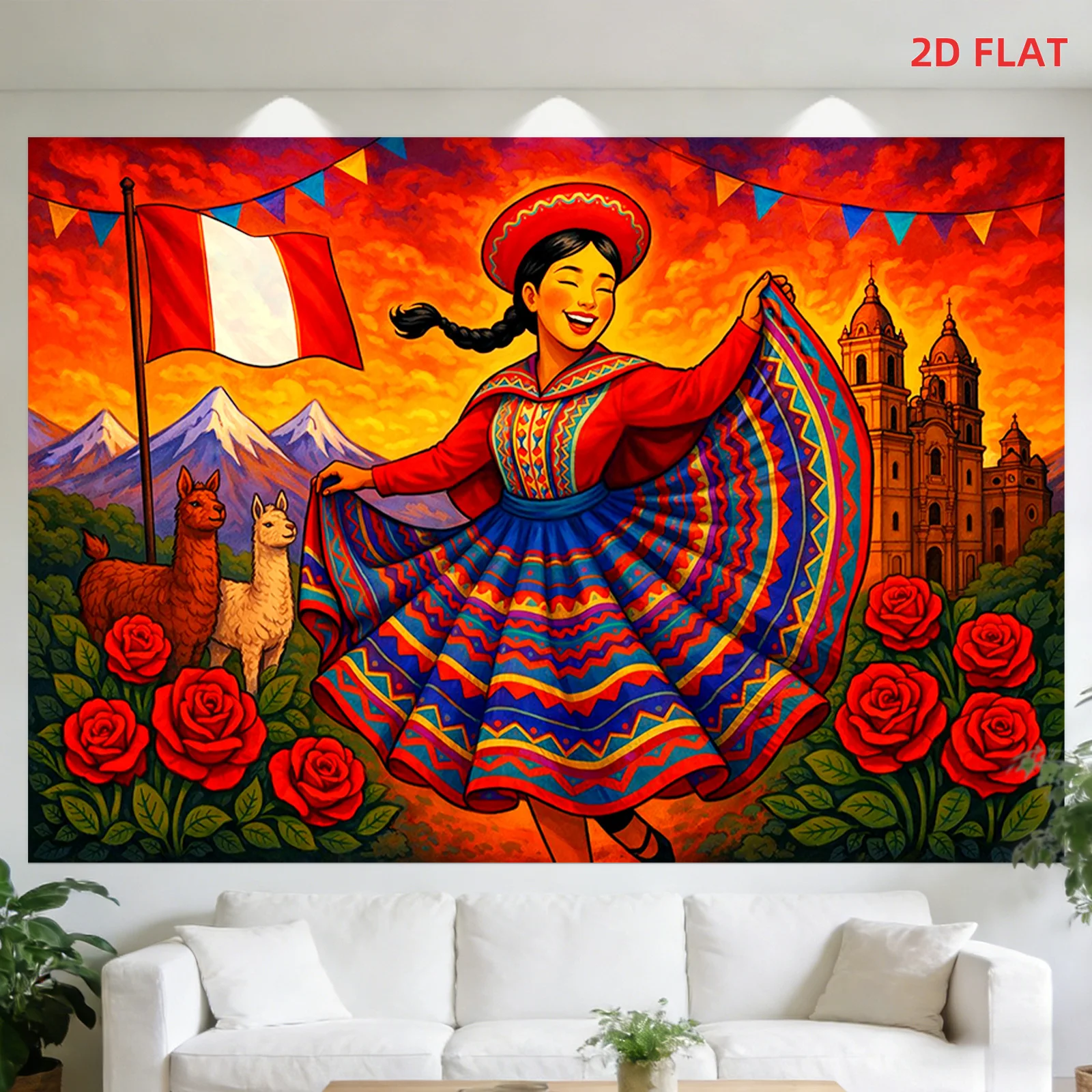 Peruvian Dancer Tapestry with Llamas Andes Mountains and Flag Vibrant Cultural Wall Art for Living Room Bedroom Boho Decor