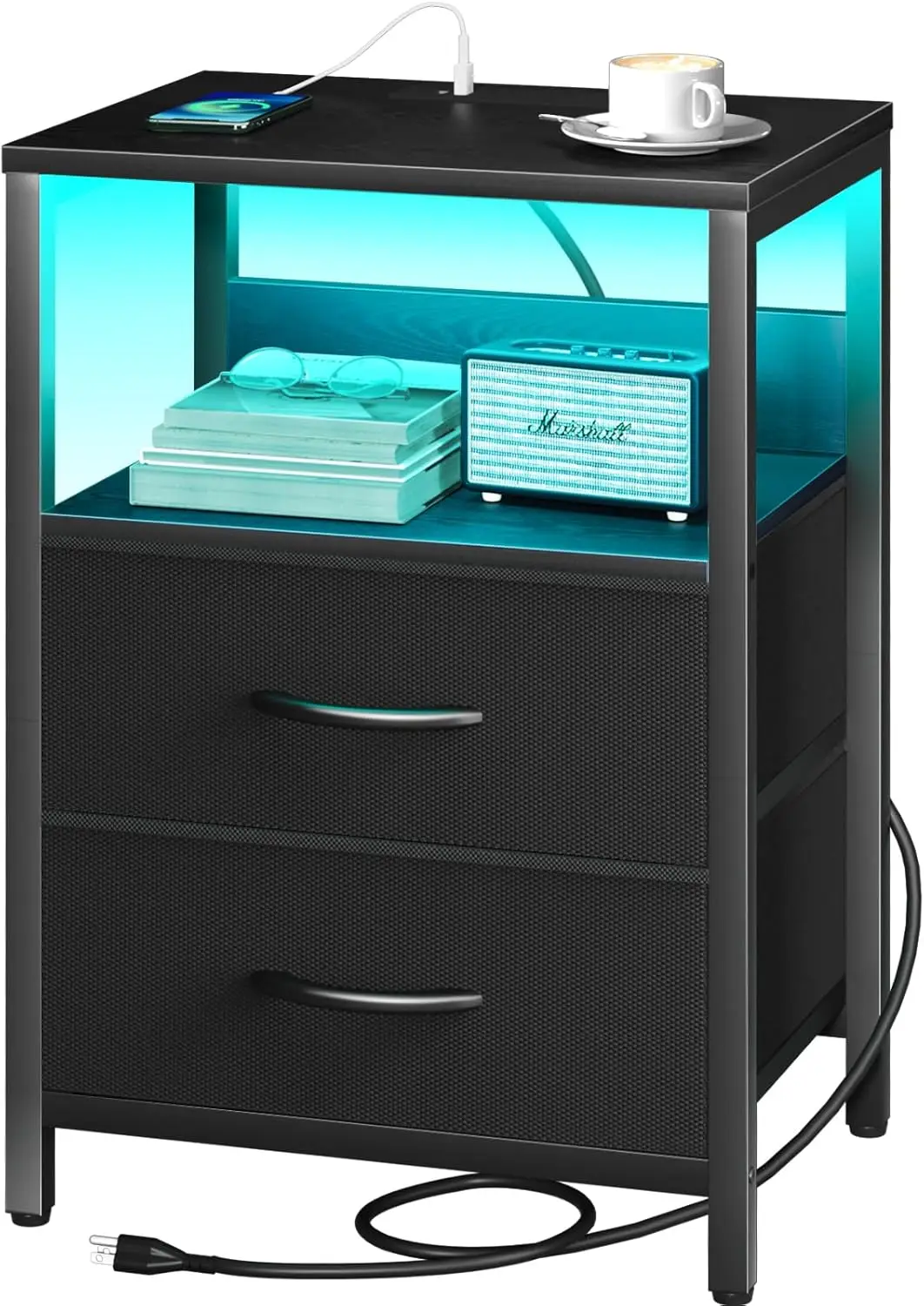 

Прикроватная тумбочка со светодиодной подсветкой, зарядной станцией, USB-портами и розетками, тканевыми ящиками и полкой для хранения для спальни