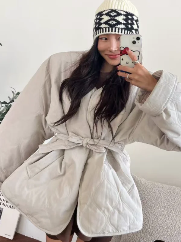 

Faionable Bla Cotton Jaet женское зимнее пальто с поясом с ромбовидным узором, теплое хлопковое пальто, новое поступление