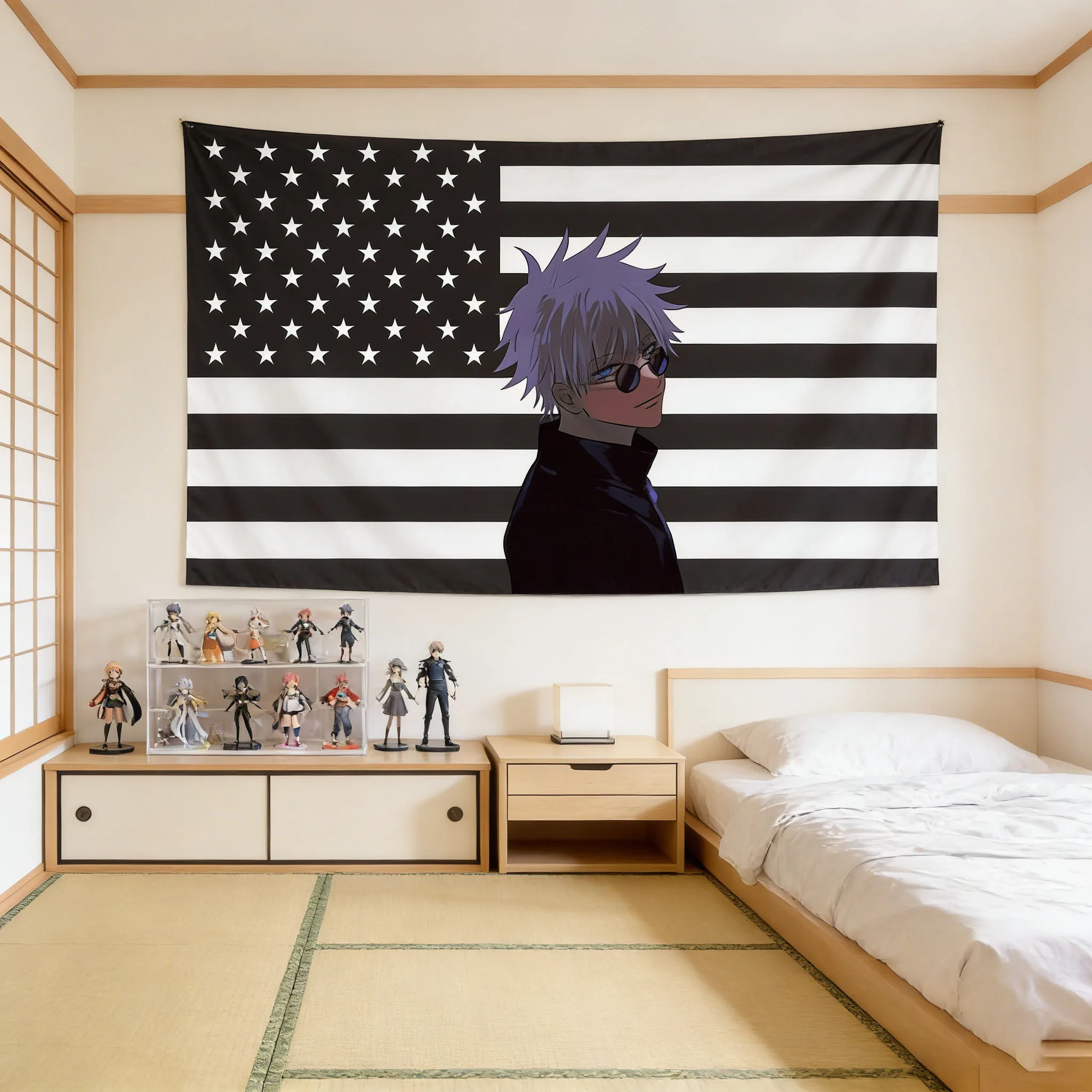 Gojo Satoru Schwarze USA-Flagge Wandteppich, Jujutsu Kaisen Anime Wandbehang für Schlafzimmer Studentenzimmer Dekoration, Perfektes Geschenk für Anime-Fans