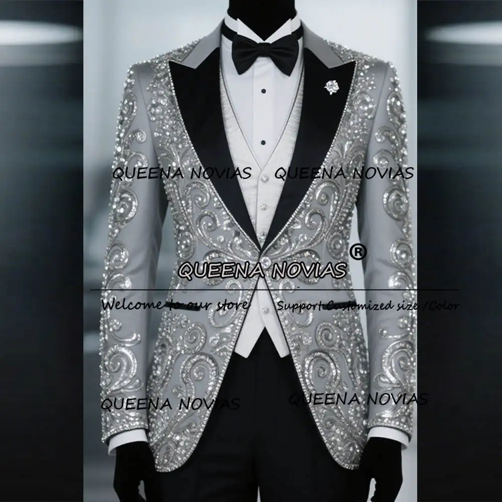 Ternos de casamento luxuosos com contas para homens, blazers personalizados para festa de baile, conjuntos de 2 peças, smoking, slim fit, traje homme