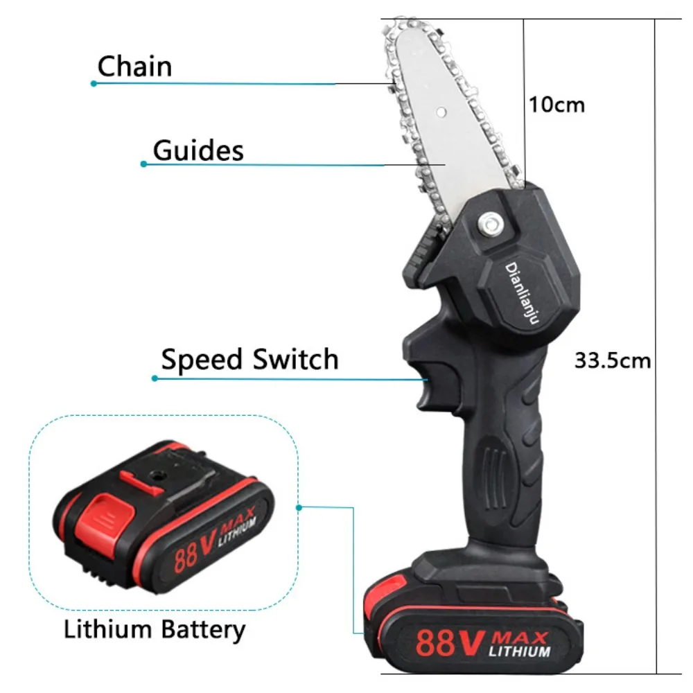 

1080W 4Inch 88VF Mini Electric Chain Saw with Upgraded Battery Rechargeable One-handed Saw Garden Power Tool Woodworking Pruning