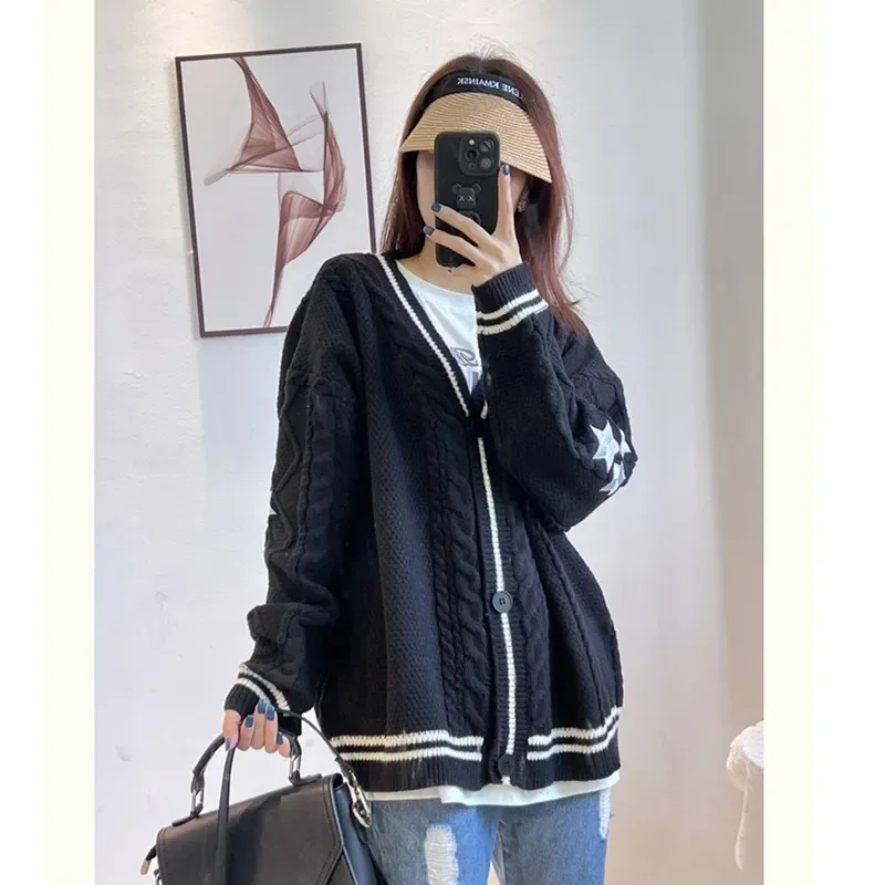 y2k women cardigan Knitted Cardigan Vintage Star Embroidered oversized Fashion Warm Sweater Ladies Casual Slight Strech Cardigan