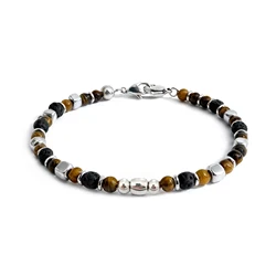 Men's Runda Natural Stone Bracelet Tiger Eye 4mm Charm Bead Stainless Steel Adjustable Handmade Good Luck