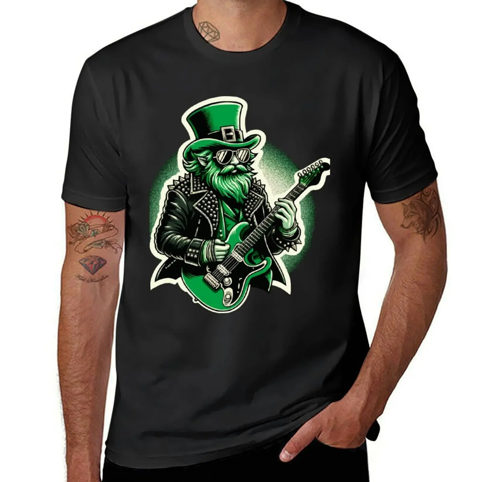 

Celtic Rock Legend - Leprechaun Guitarist with Emerald Grooves T-Shirt kawaii clothes blanks mens plain t shirts