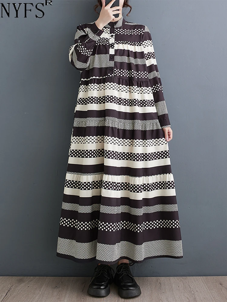 

NYFS 2024 New Spring Autumn Korean Print Womens Dresses Vestidos Robe Elbise Loose Plus Size Patchwork Vintage Long Dress