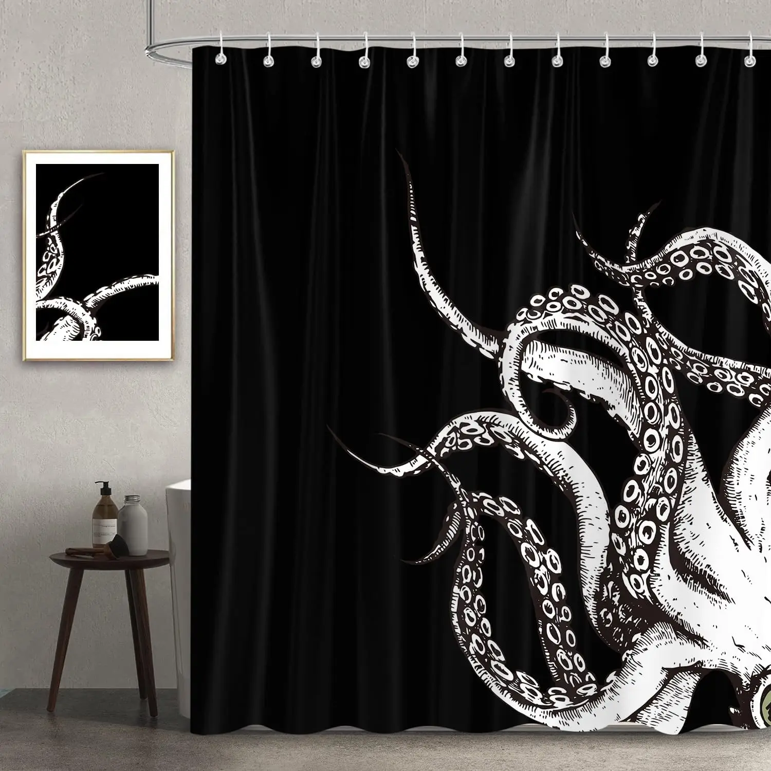 Gothic Octopus Shower Curtain, Funny Black and White Ocean Animal Bathroom Decor Set,Waterproof Polyester Restroom Accessories