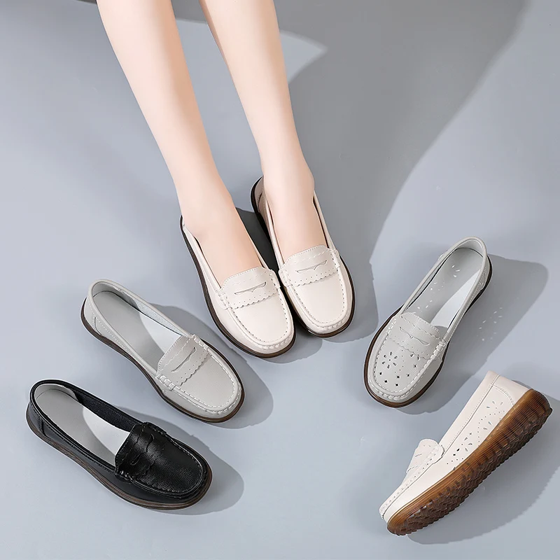 Comforty Fashion Sneakers Women Flats Soft Lightweight Leather Casual Shoes Nurse Slip On Loafers Breathable Mom Shoes Summer