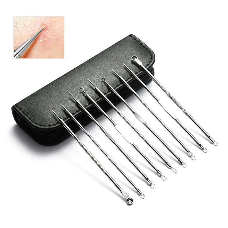 9 pièce/ensemble en acier inoxydable acné tête noire dissolvant ensembles d'outils aiguille points noirs et boutons dissolvant soins du visage extracteur Point propre portable