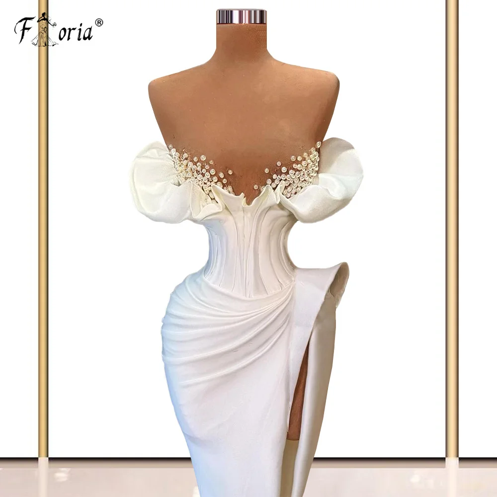 White Satin Elegant Mermaid Prom Dresses Sheer Neck High Slit Formal Dress Women Evening Pageant Gowns Plus Size Custom Made