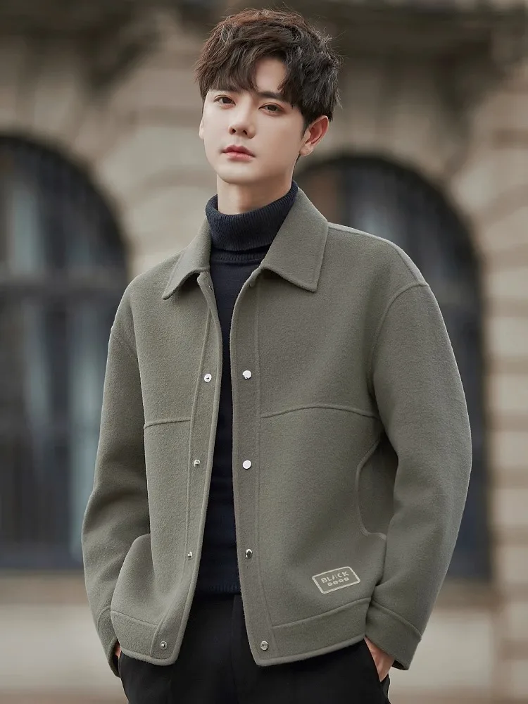 

Мужская шерстяная куртка-пальто из двустороннего кашемира, короткая, для весны, осени и зимы, модный городской повседневный стиль, теплая, с накладными карманами