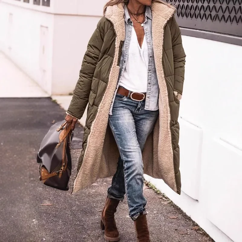 

Зимние флисовые парки, женские однотонные полихромные толстые пальто с капюшоном, двусторонняя одежда с длинными рукавами, удлиненная версия, женская одежда