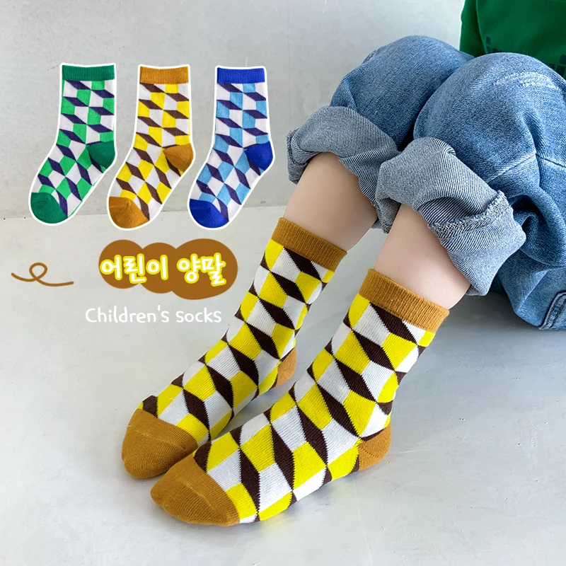 1-9 Years New Children\'s Socks Black White Checkerboard Kids Socks Breathable Soft Cotton Boys and Girls Sports Socks Crew Sock