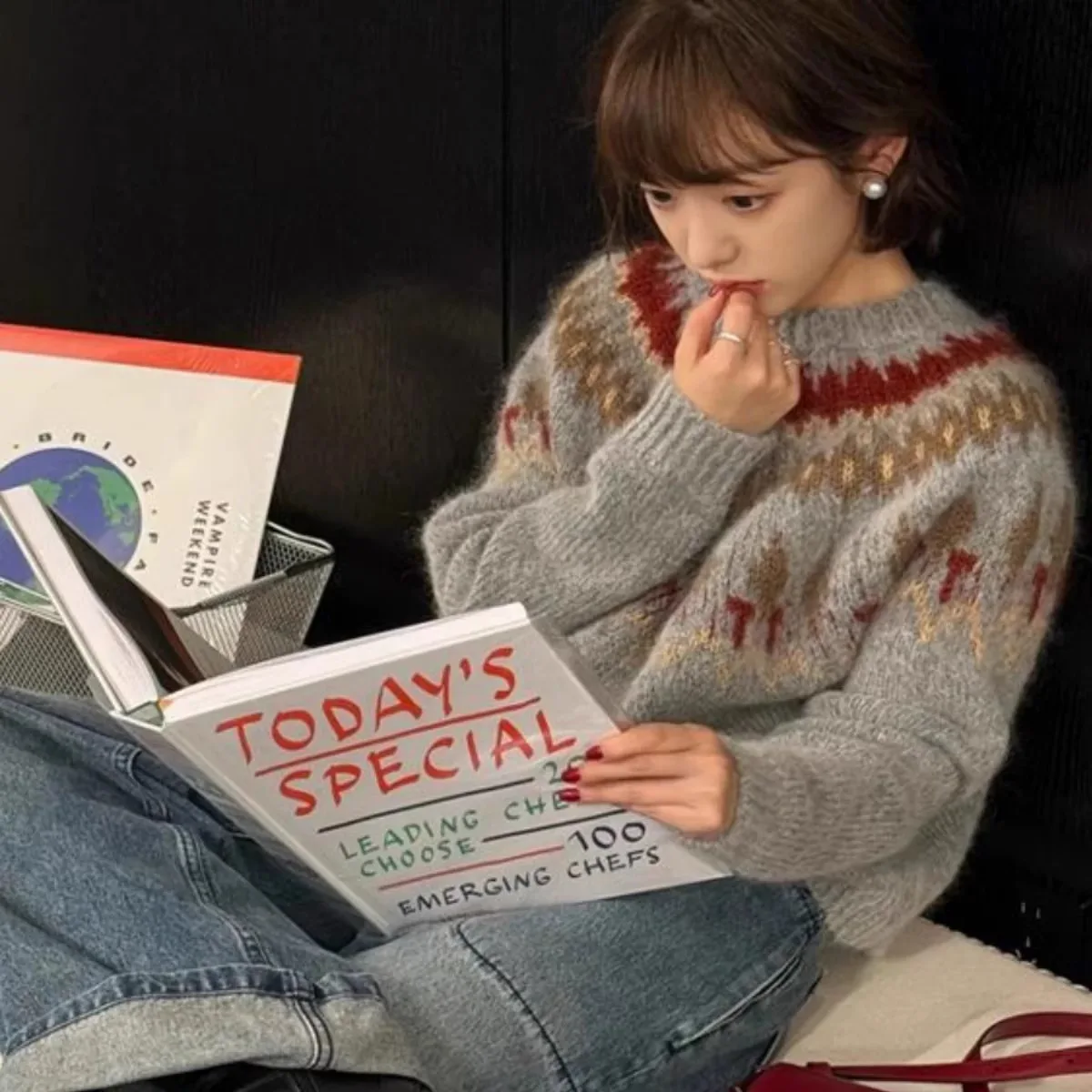 Grauer gestrickter Mohair-Jacquard-Pullover für Damen im Herbst und Winter, lockeres Lazy-Top