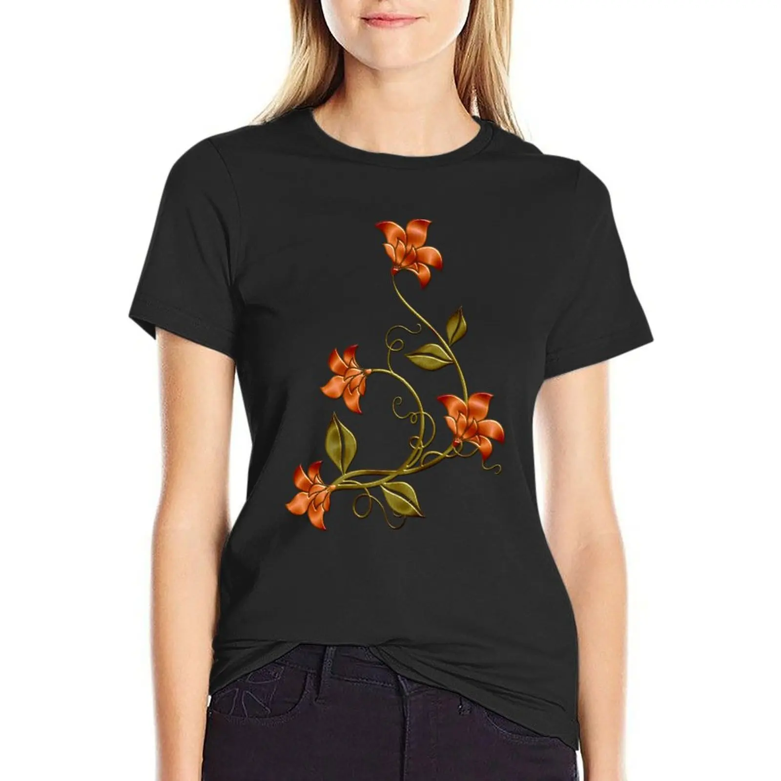 Black Background Orange Lilies Floral Pattern T-Shirt aesthetic clothes tees Woman T-shirts