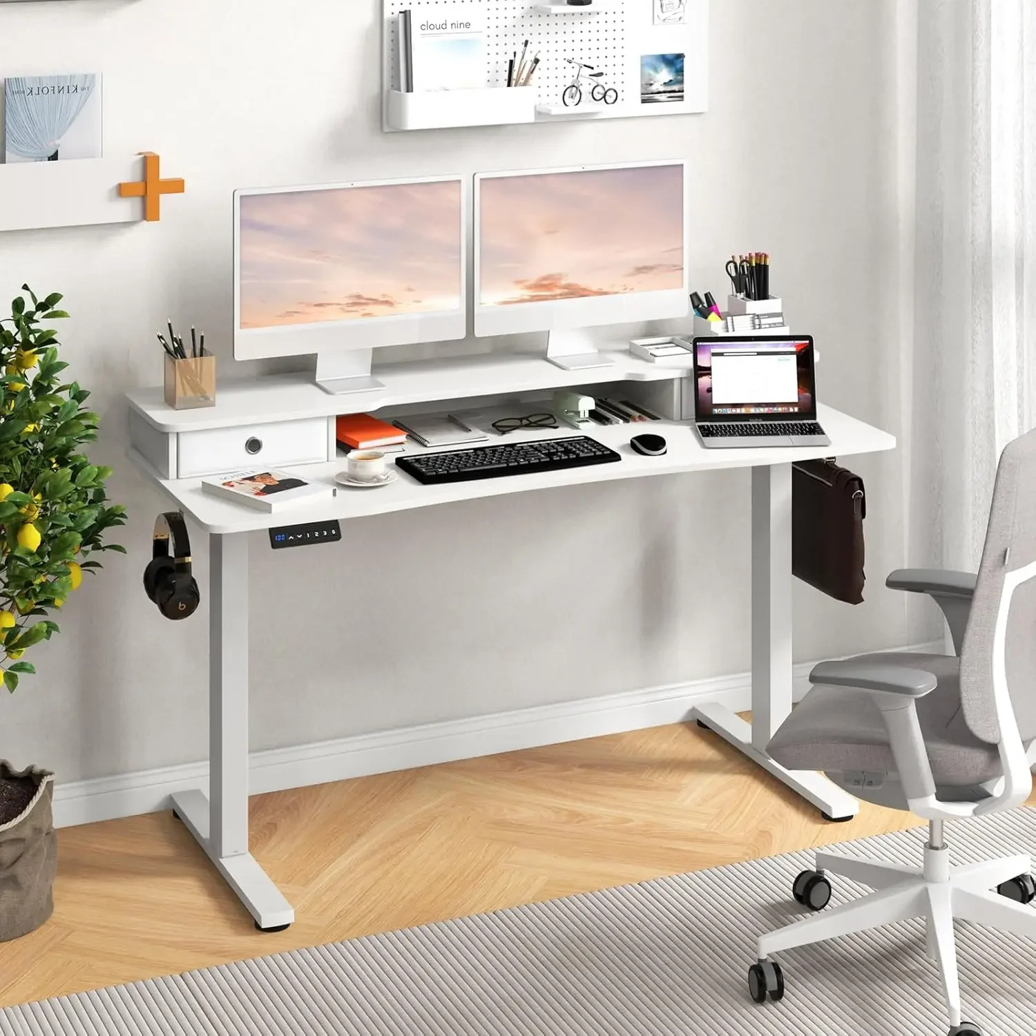 Home Office Sit Stand Compute,Electric Standing Desk w/ 2 Drawers, 140cm x 60cm Height Adjustable Stand Up Desk w/Monitor Stand
