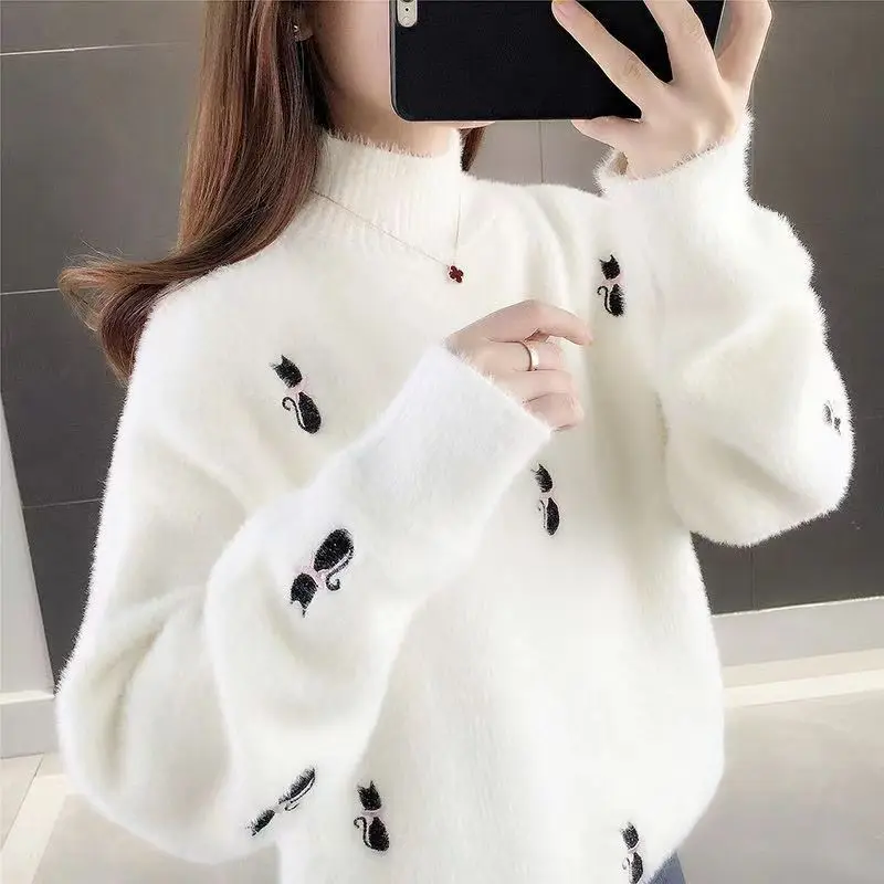 Fashion Stand Collar Knitted Embroidery Sweaters Women\'s Clothing 2023 Autumn Winter Oversized Casual Pullovers Commuter Tops