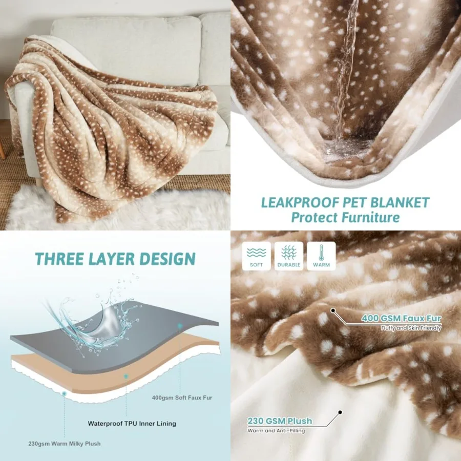 

Luxury Faux Fur Blanket Deer Print, Waterproof Pet Blanket Washable, Woman Sofa Bed Couch Throw, Liquid Pee Proof for Large Dog