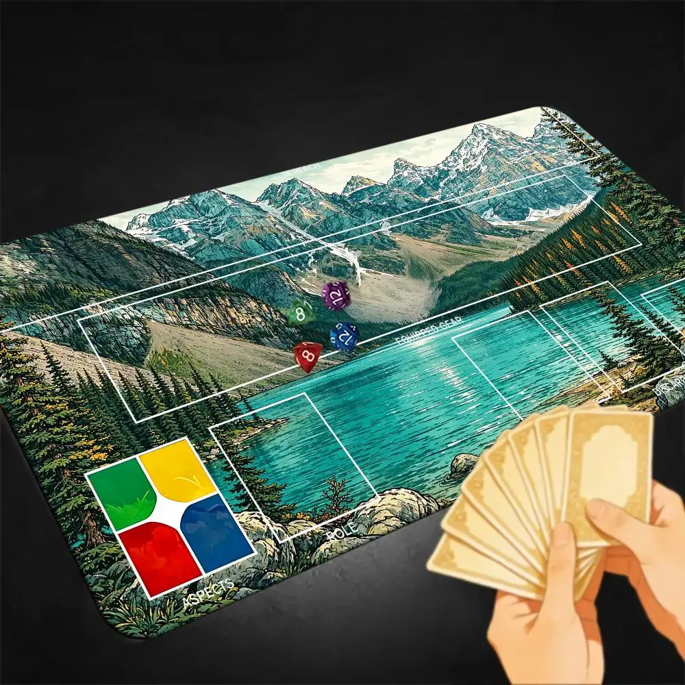 Snow Mountain Lake TCG Game Playmat With Printed Zones, Large Card Play Mat, Anti Slip Rubber Base, Stitched Edge, Tabletop