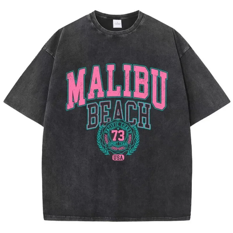 Street Women Cotton Washed T-Shirt Malibu Beach Simple Letter Printing Print Tee Shirt Fashion Loose Tops Casual Female Clothes