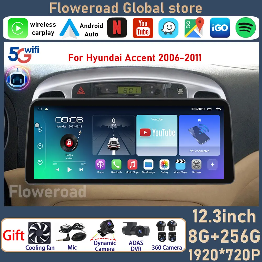 

1920X720 8GB+256GB For Hyundai Accent 2006 - 2011 Android Car Radio QLED Head Unit 4G WIFI USB Navigation GPS Stereo Carplay DSP