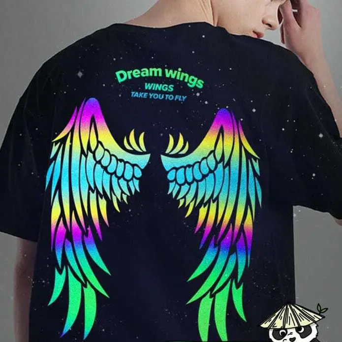 Reflective wings print men\'s T-shirt 2021 summer new ins loose student Korean version personality round neck short sleeves