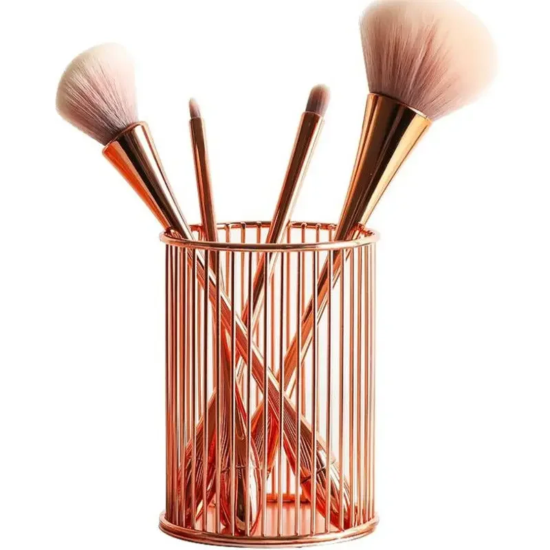 Nordic Hollow Out Makeup Brush Pot Holder Organizer, Iron Round Practical Pen Pencil Cup, Rose Gold Cosmetic Organizer Box