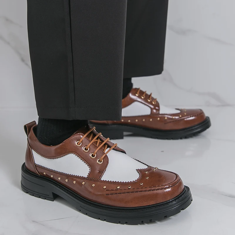 

Brand Luxury Fashionable Men's Comfortable Height Increasing Groom's Wedding Shoes Men Studded Lace Up Thick Soled Leather Shoes
