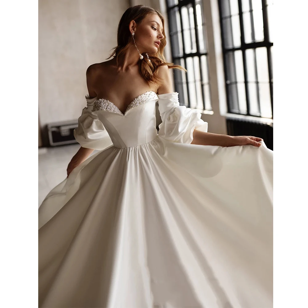 Strapless Long Sleeve Wedding Dresses Satin Women's Elegant Sweetheart A-Line Backless Bridal Gowns Bubble Sleeve Robe De Mariée