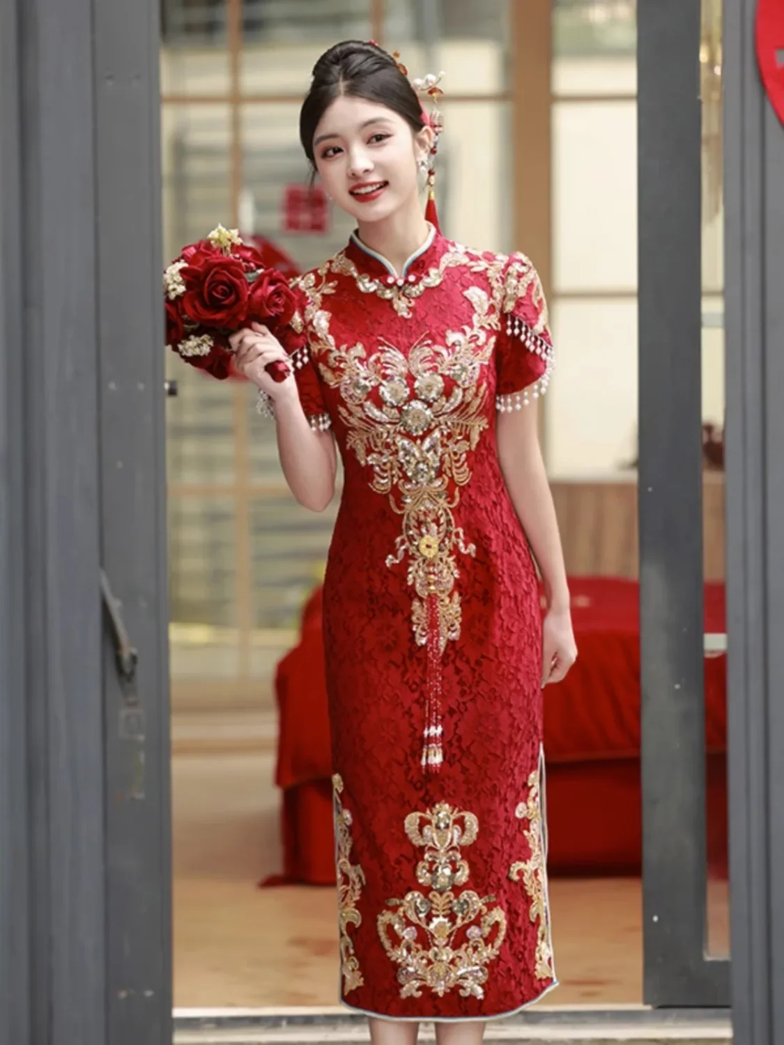 Cheongsam-Robe de Fiançailles Alberoise pour Femme, Vêtement Traditionnel, Bordeaux, Petite Jupe en Dentelle, Porte Arrière