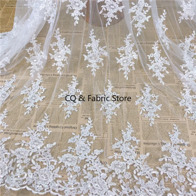 

Белая сетчатая вышитая ткань с блестками для свадебных платьев, аксессуары, дизайнерская ткань