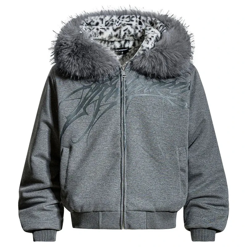 سترات شتوية بياقة من الفرو للرجال معاطف باركاس دافئة من القطيفة سترات مبطنة كبيرة الحجم ملابس الشارع سترات هاراجوكو هيب هوب #3