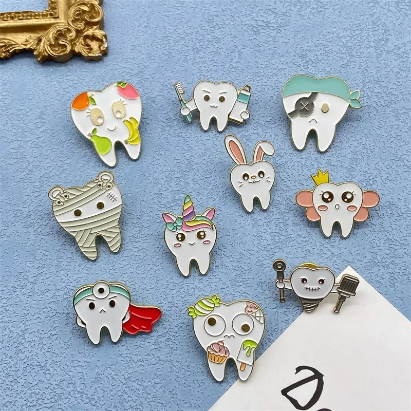 10pcs Cartoon Cute Love Tooth Design Metal Enamel Brooch Fashion Personty Fruit Tooth Badge Pin Backpack Accessories Gift