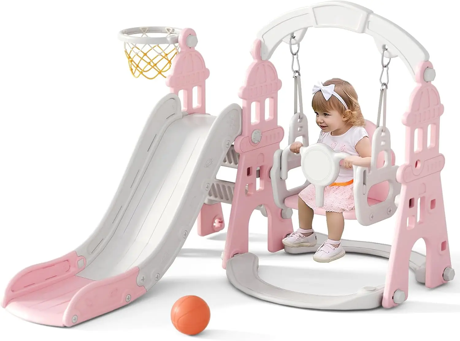 

4-in-1 Kids Slide and Swing Set, Toddler Slide with Basketball Hoop, Swing, Outdoor Indoor Playground for Toddlers 1-3, Pink