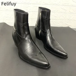 Men's Retro Chelsea Short Boots Fashion Embroidery Ankle Boot High-top Genuine Leather Casual Men Shoes With Back Metal Belts