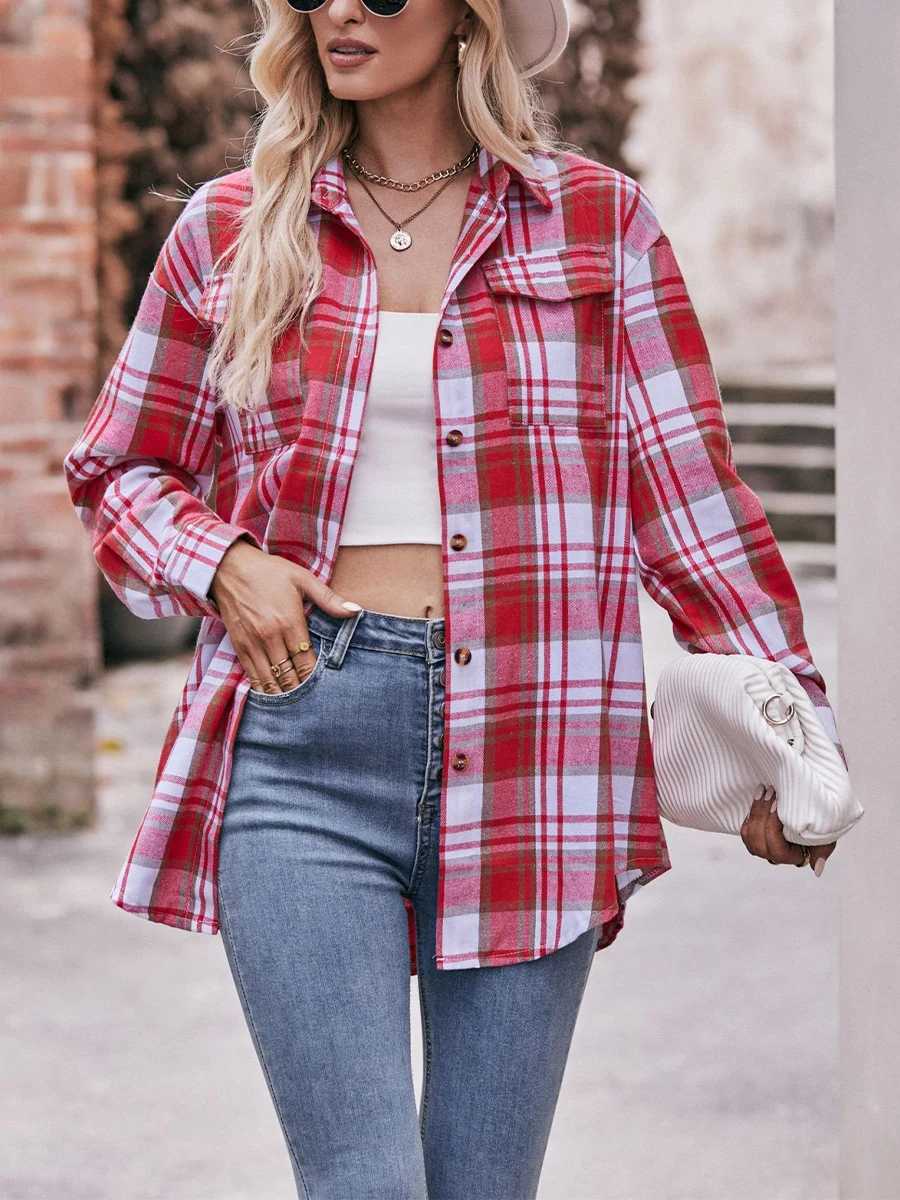 Women s Checkered Shirt Long Sleeve Lapel Collar Flannel Shacket Ladies Oversized Boyfriend Plaid Button Down Shirts 2023 Fall