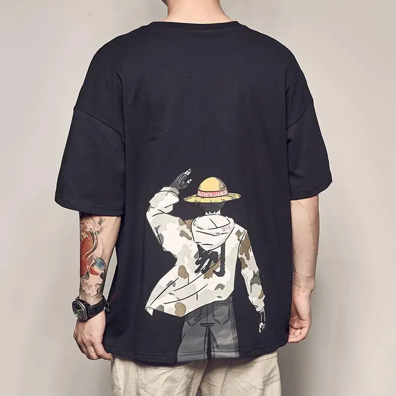 Camiseta de manga corta con estampado de Luffy de dibujos animados de algodón para hombre, camiseta holgada informal de verano, top base para estudiantes de tendencia