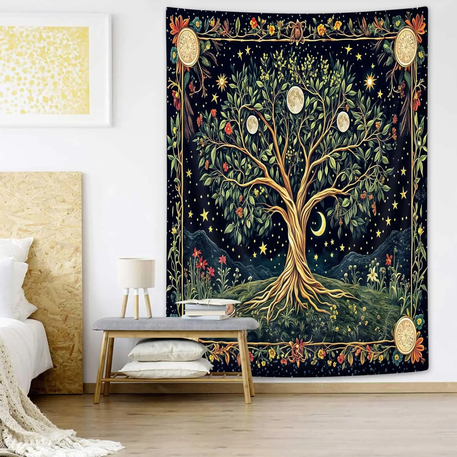 Moon Phase Tree of Life Wall Tapestry Butterfly Floral Starlit Spiritual Decor Boho Mandala Wall Hanging Tapestrys for Bedroom